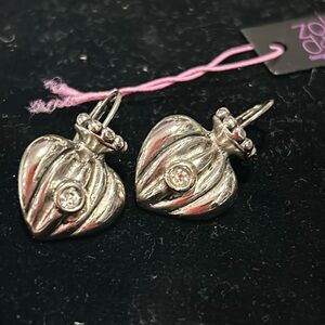 Fluted Silver Crowned Hearts w Cubic Zirconia French Wire Earrings-boutique